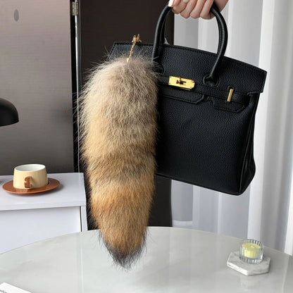Natural Fox Fur Tail Keychain – 40cm Furry Racoon Bag Charm & Fluffy Keyring Accessory for Women