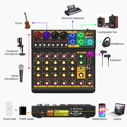 Debra Mini6 6-Channel Metal Audio Mixer Interface with Bluetooth & Delay Repeat Effect – OTG Sound Mixing Console for PC Recording