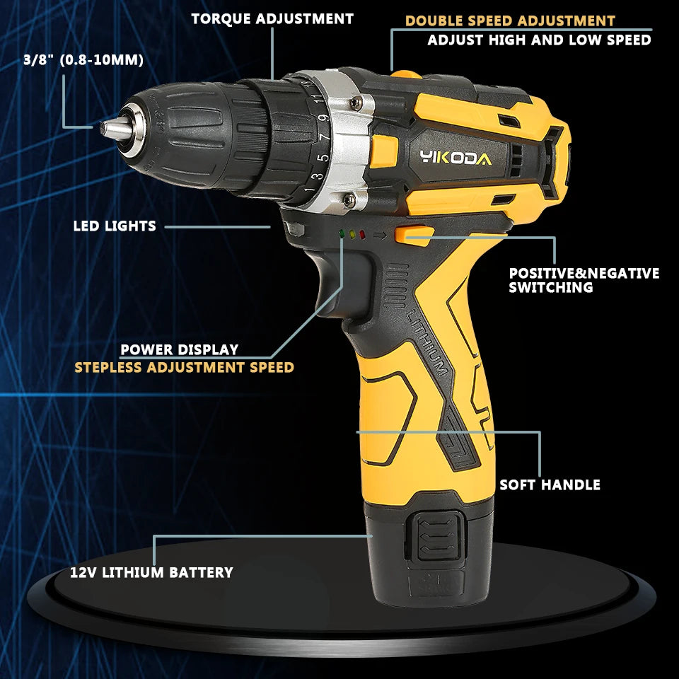YIKODA Cordless Drill - Rechargeable Electric Screwdriver Lithium Battery - Household Multi-function Power Tools ( 12/16.8/21V, 2 Speed )