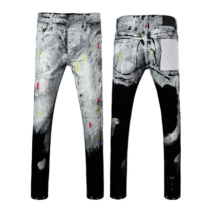 Men's Graffiti Washed Jeans - Retro Distressed Low Rise Skinny Denim Pants