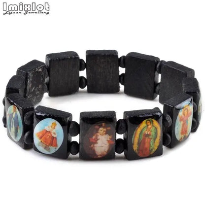 Wooden Rosary Bracelet - Elastic Colored Bead Catholic Prayer Bracelet with Jesus and Saint Design