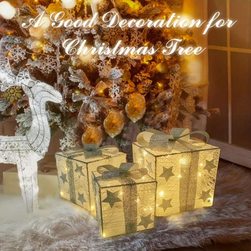 3-Piece Christmas LED Gift Box Set - Lighted Indoor & Outdoor Holiday Decoration