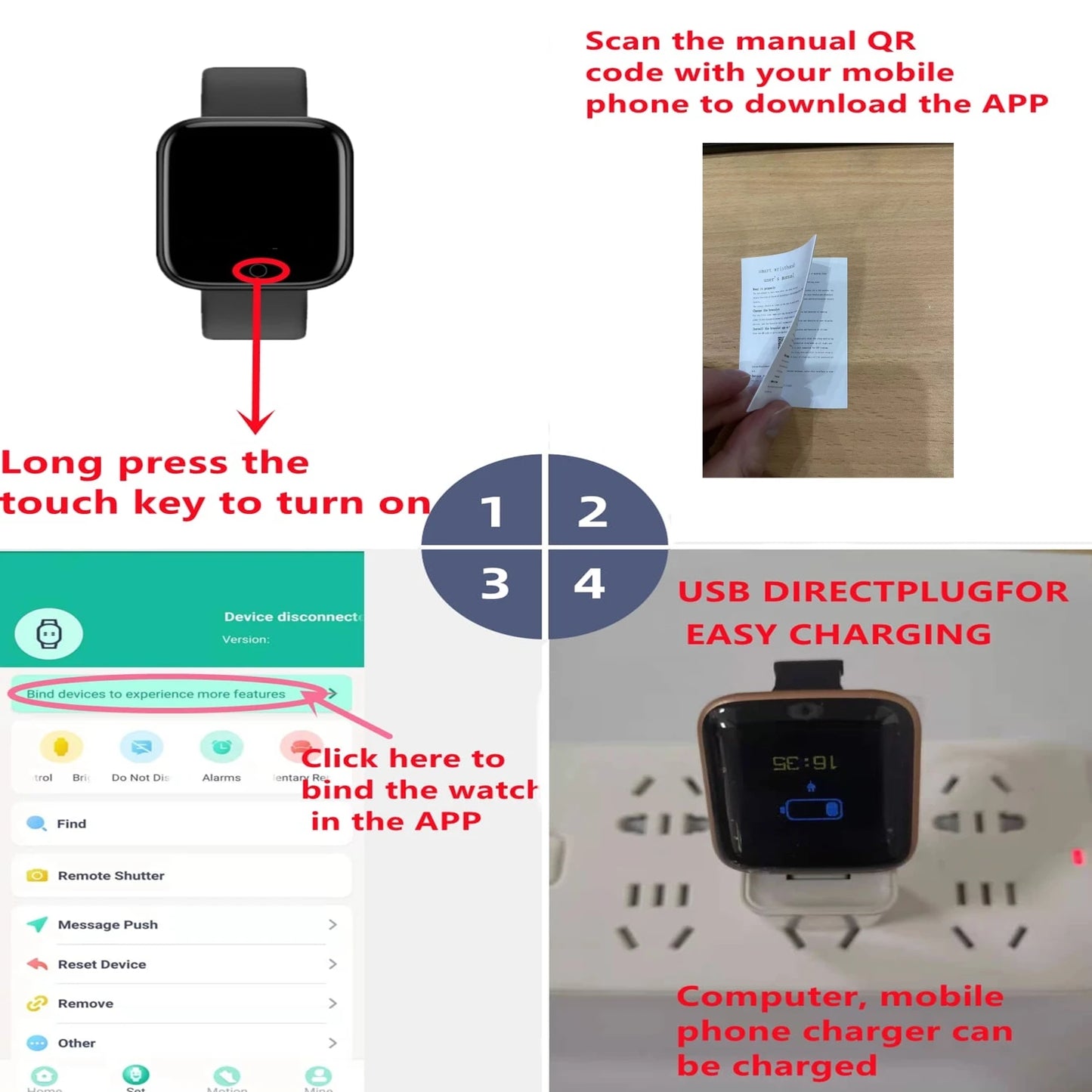 Smartwatch Fashion Sports Bracelet for Women & Men, Multi-Function USB Charging, Compatible with Xiaomi & Huawei
