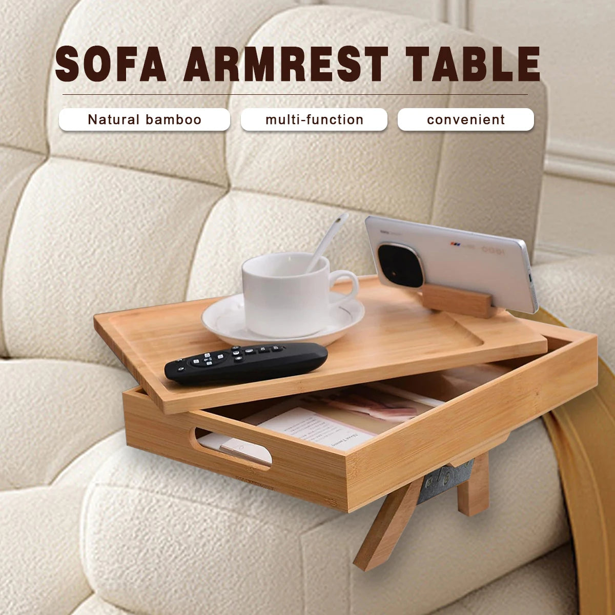 Sofa Armrest Tray with Storage Box – Bamboo Couch Arm Table with 360° Rotating Top & Phone Stand