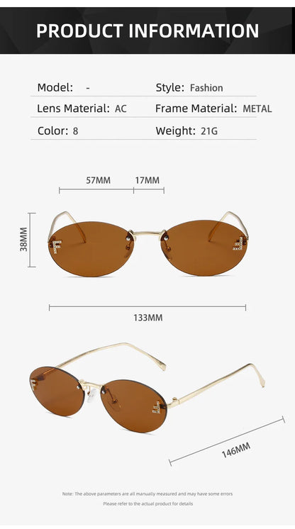 Diamond Letter "F" Rimless Sunglasses | Women’s Luxury Metal Frame Black Oval UV400 Shades