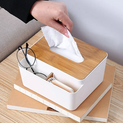Wooden Tabletop Tissue Box & Storage Organizer – Desktop Holder for Tissue, Remote & Towels