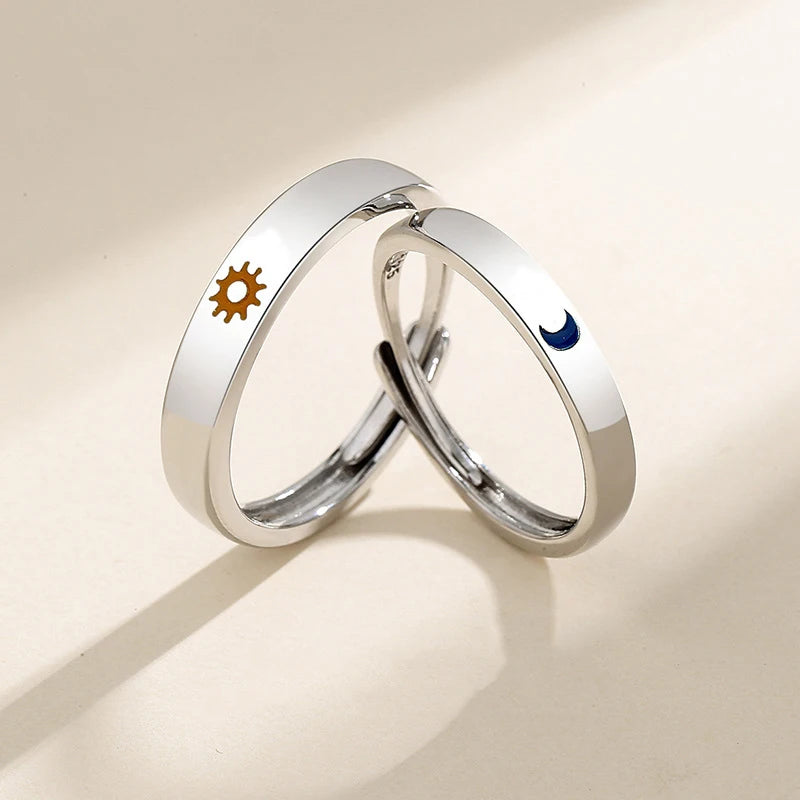 New Silver Couple Rings - Sun & Moon Adjustable Open Ring for Men & Women, Wedding & Fashion Jewelry Gift