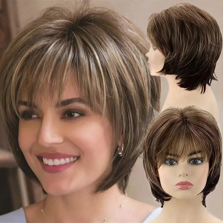 Brown Short Layered Pixie Cut with Blonde Highlights – Natural-Looking Synthetic Wig for White Women
