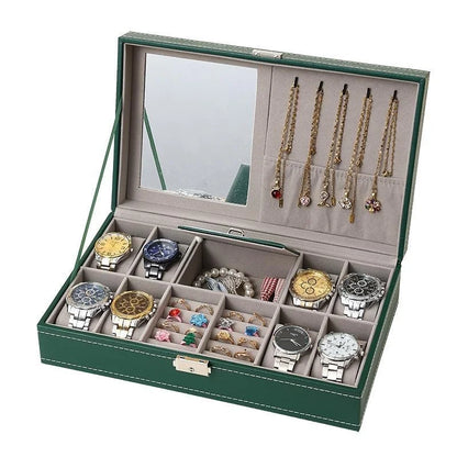PU Leather Jewelry & Watch Organizer Box — Storage Case for Rings, Earrings, Bracelets, Perfect Gift Casket