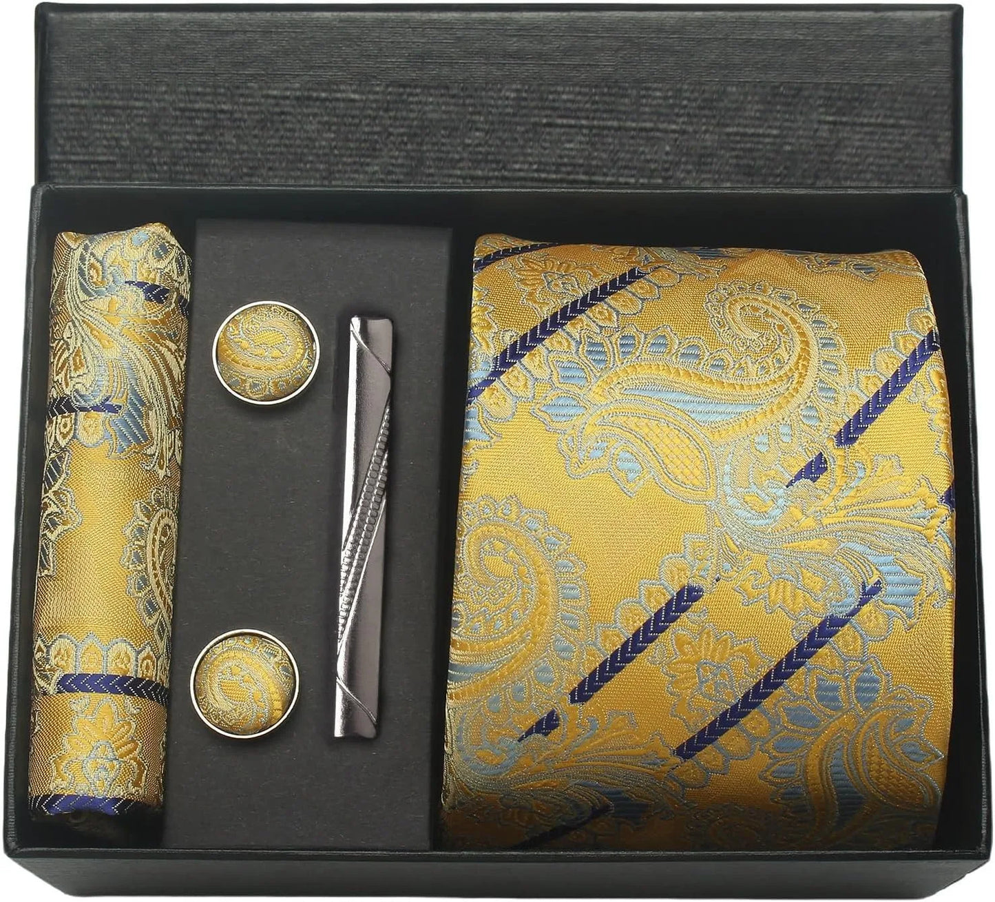 100% Silk Men’s Necktie Set with Paisley Floral Design, Business Tie with Pocket Square, Tie Clip & Cufflinks Gift Box Set for Men