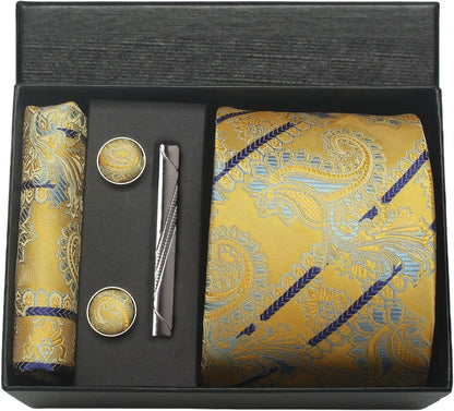 100% Silk Men’s Necktie Set with Paisley Floral Design, Business Tie with Pocket Square, Tie Clip & Cufflinks Gift Box Set for Men