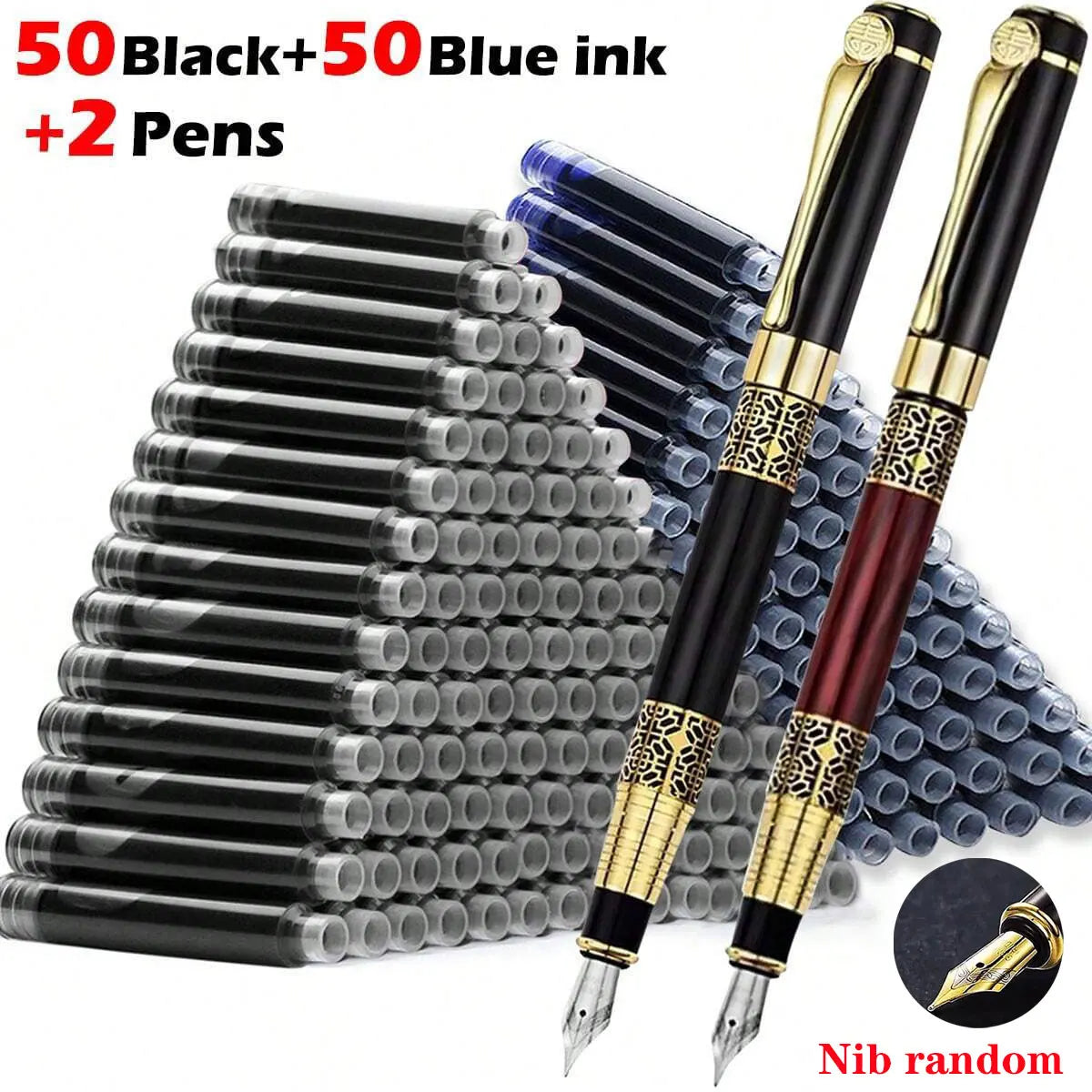Retro Metal Fountain Pen — 1-100PCS Set with Replaceable Ink, Elegant Writing Pen for Office, School, and Stationery Gifts