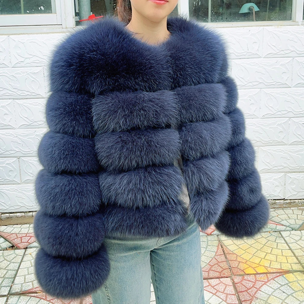 QUEENTINA Women’s Real Fox Fur Coat – Brown Leather & Skin Winter Fashion Outerwear 2025