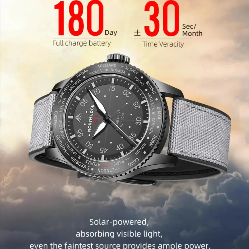 NORTH EDGE MACH 2024 Solar Powered Men's Watch – Dual Time Zone Waterproof Pilot Watch with TPR Nylon Strap