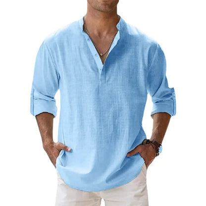 Men’s Lightweight Long Sleeve Henley Shirt — Cotton Linen Streetwear, Beach & Hawaiian Style