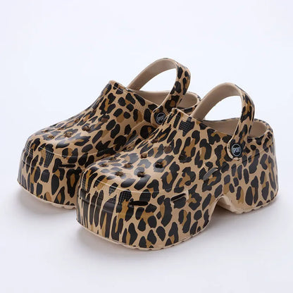 Women’s Leopard Print Platform Clogs - Closed-Toe Chunky Heel Sandals for Summer, Beach, and Streetwear Fashion