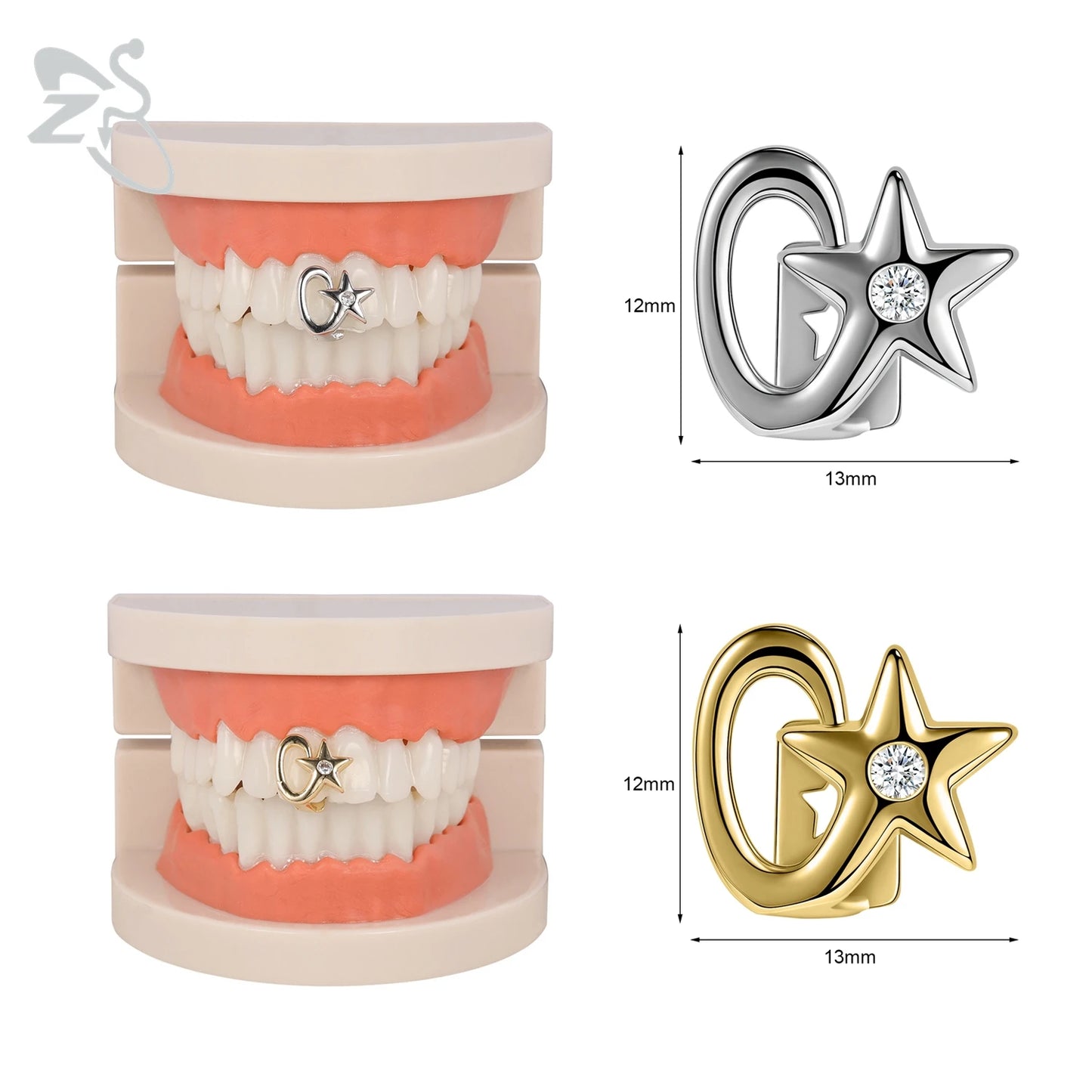 ZS Hip Hop Grillz – Silver/Gold Plated CZ Crystal Cross & Rose Star Tooth Cap, Top & Bottom Set