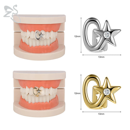 ZS Hip Hop Grillz – Silver/Gold Plated CZ Crystal Cross & Rose Star Tooth Cap, Top & Bottom Set