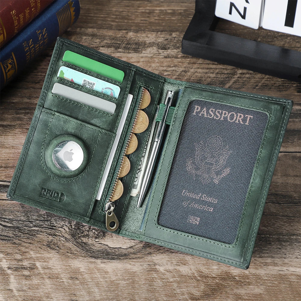 Genuine Cow Leather Passport Holder with AirTag Case – RFID Blocking Travel Wallet with Pen, Card Holder & Anti-Lost Pocket