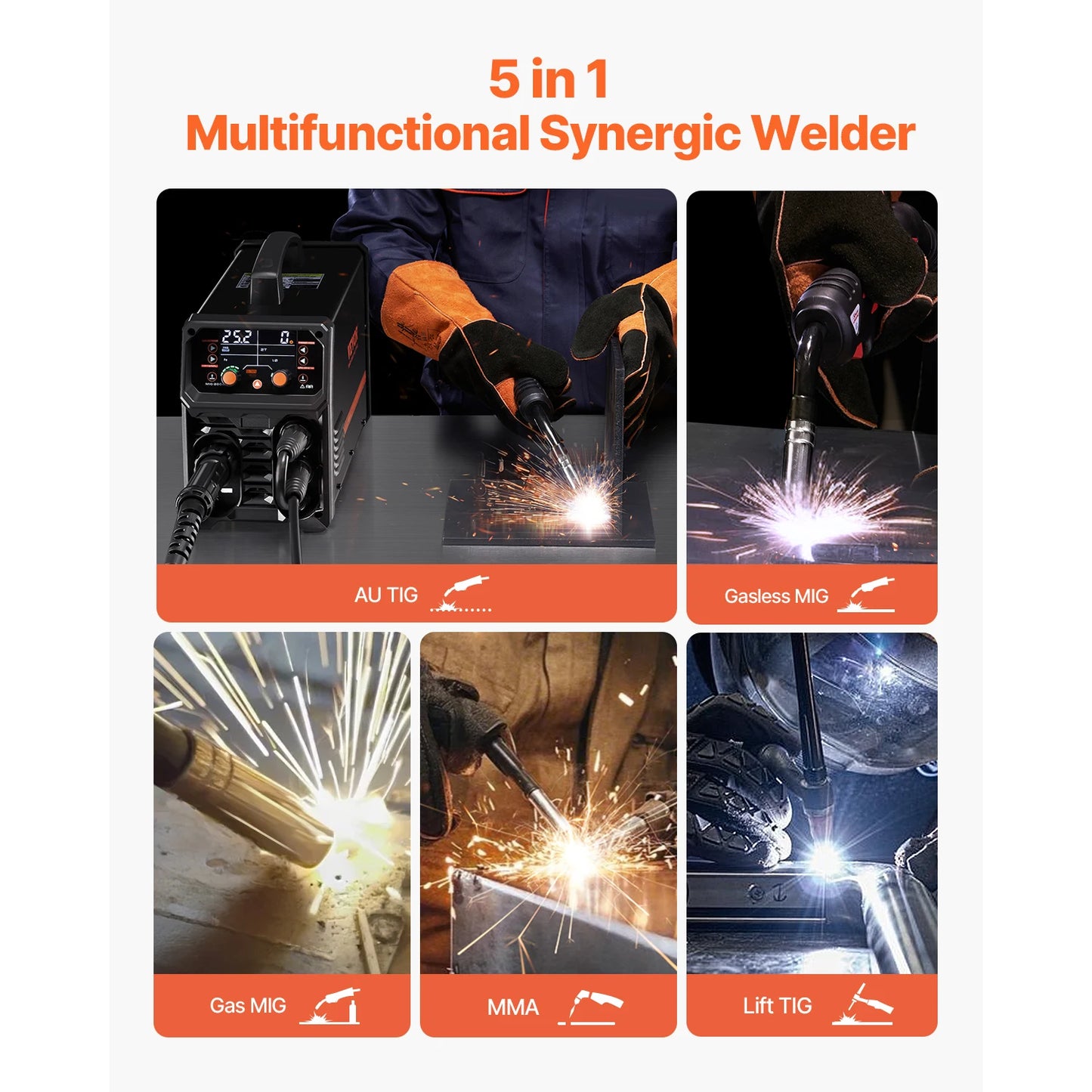 VEVOR 5-in-1 200A MIG Welder – Gas/Flux Core MIG, Stick, Lift TIG, AU TIG with LCD Display