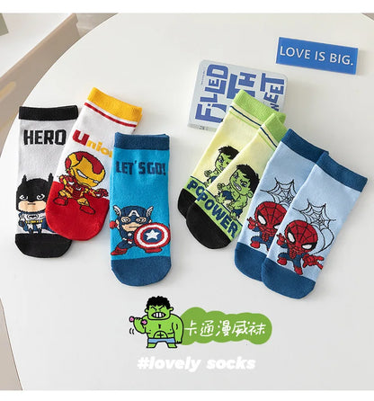 5 Pairs Spiderman Cotton Socks for Kids – Iron Man, Hulk, Thor Anime Boys Short Socks, Cartoon Baby Spring & Summer Footwear