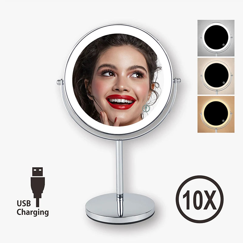 8 Inch 10X Magnifying LED Makeup Mirror - Double-Sided with 3 Color Light Touch Switch, USB Charging, Desktop Vanity Cosmetic Mirror