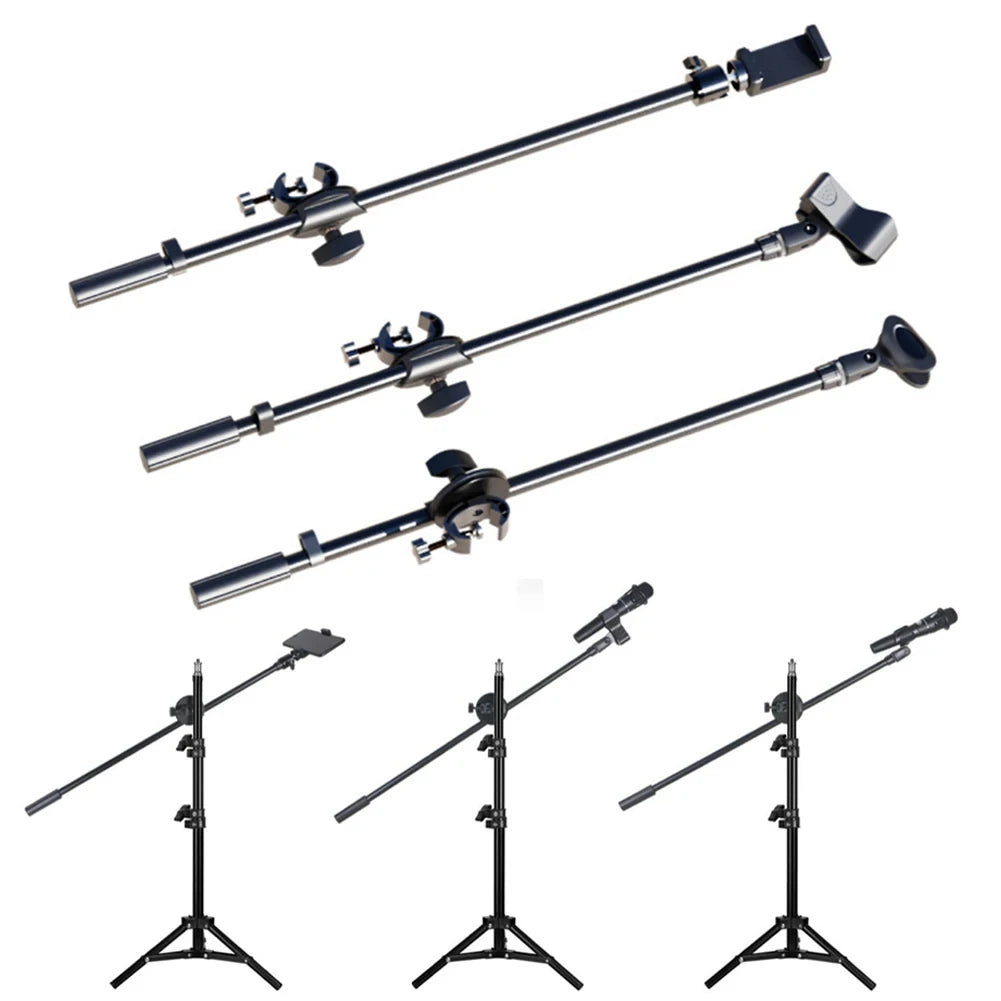 55CM Rotating Microphone Stand with Crossbar Arms - Mic Clip, Phone Holder, and Extension Bracket, Designed with 3/8" Thread Crossbar