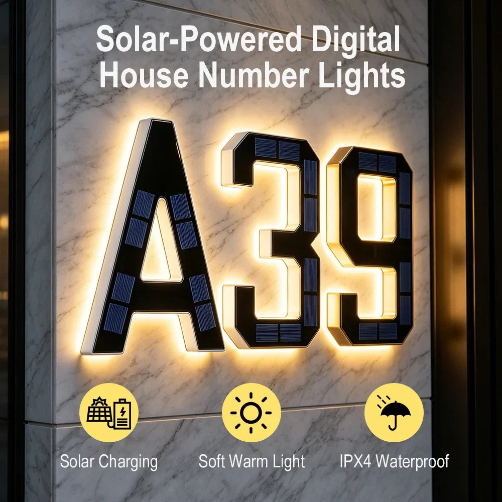 12CM Solar House Number Light - LED Outdoor Address Sign with Light Sensor for Home & Doorway