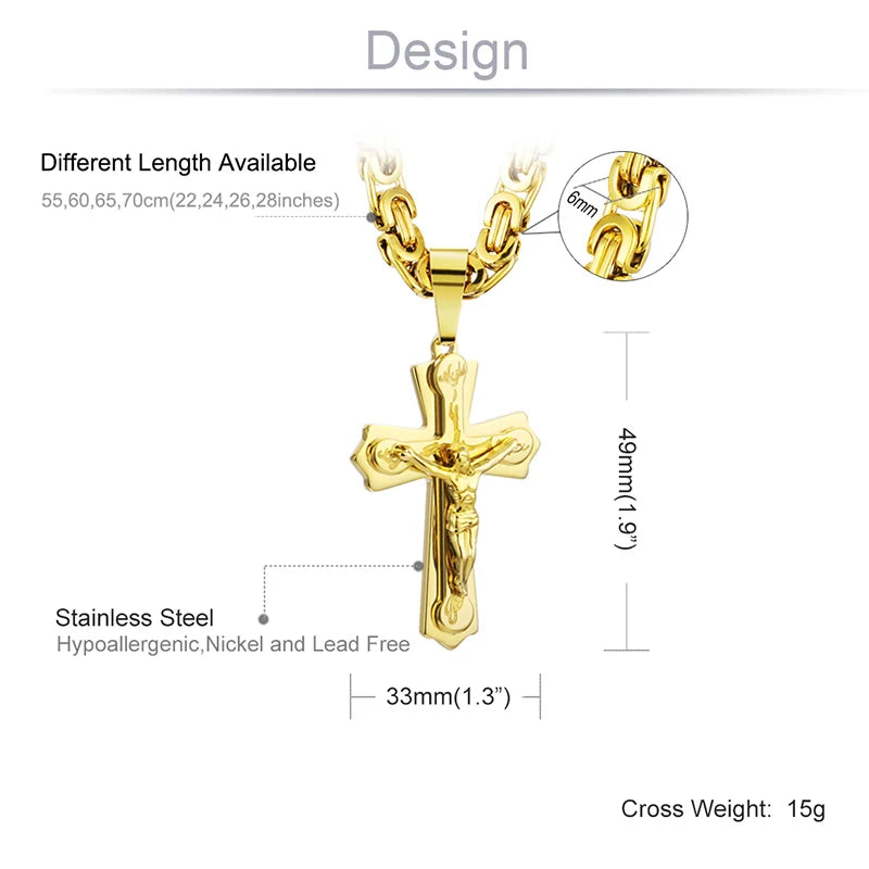 Diyalo Stainless Steel Jesus Cross Necklace for Men – Byzantine Chain Crucifix Pendant Religious Jewelry, Christian Fashion Gift Accessory