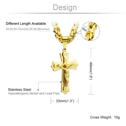 Diyalo Stainless Steel Jesus Cross Necklace for Men – Byzantine Chain Crucifix Pendant Religious Jewelry, Christian Fashion Gift Accessory
