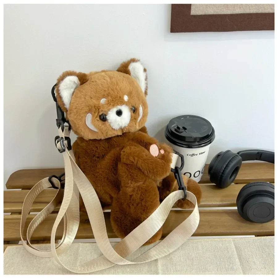 Red Panda Plush Backpack, Cute Plushie Doll Crossbody, Soft Fur Shoulder Bag for Women, Camping, Travel, Party, Birthday Gift