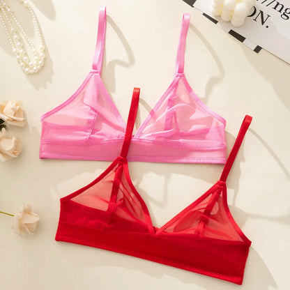Sheer Mesh Triangle Bra Set - Ultra-Thin Transparent Lingerie with Double Shoulder Straps