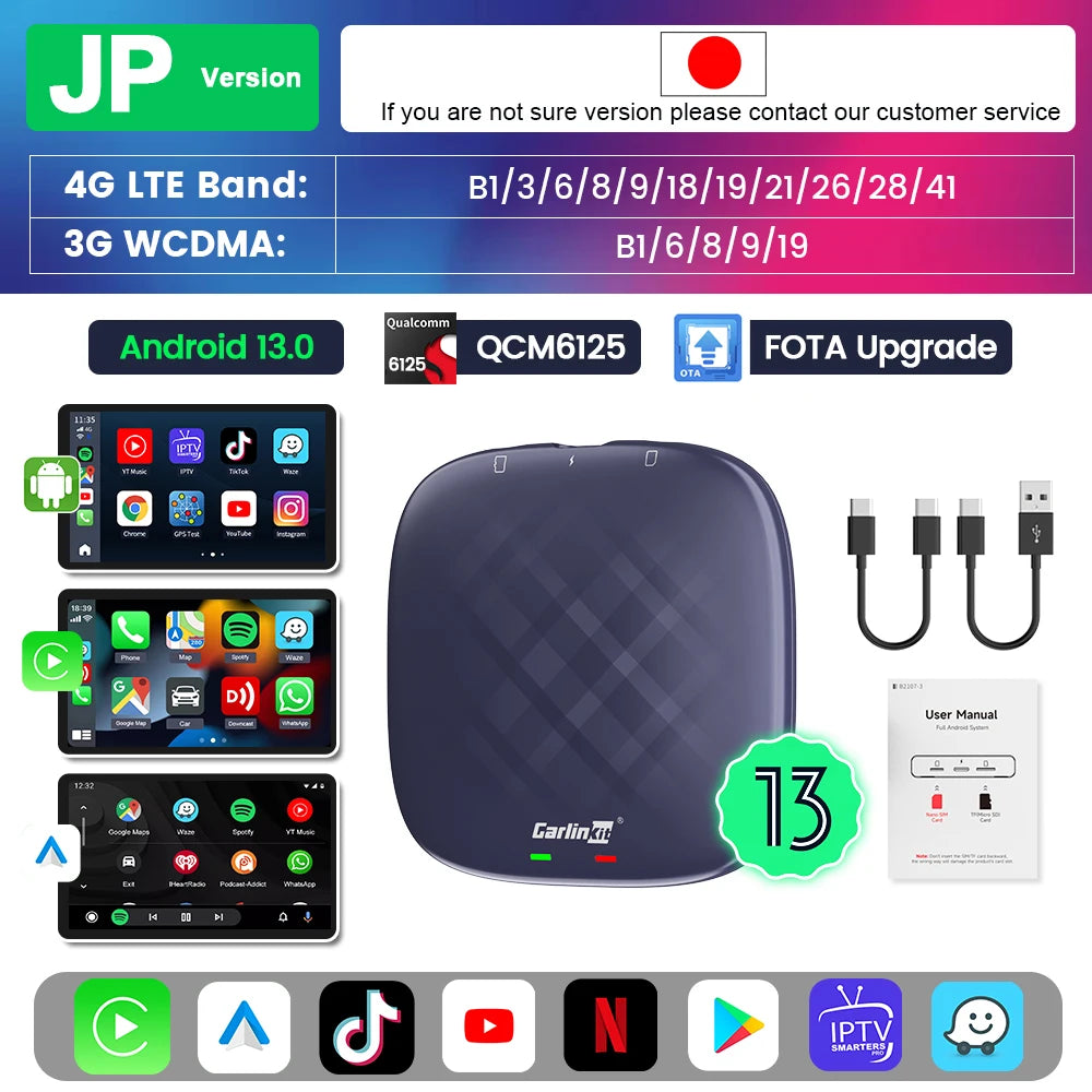 Carlinkit CarPlay AI TV Box Plus — Android 13, 8+128GB, 8-Core QCM6656125, Wireless CarPlay & Android Auto with YouTube, Netflix, 4G LTE