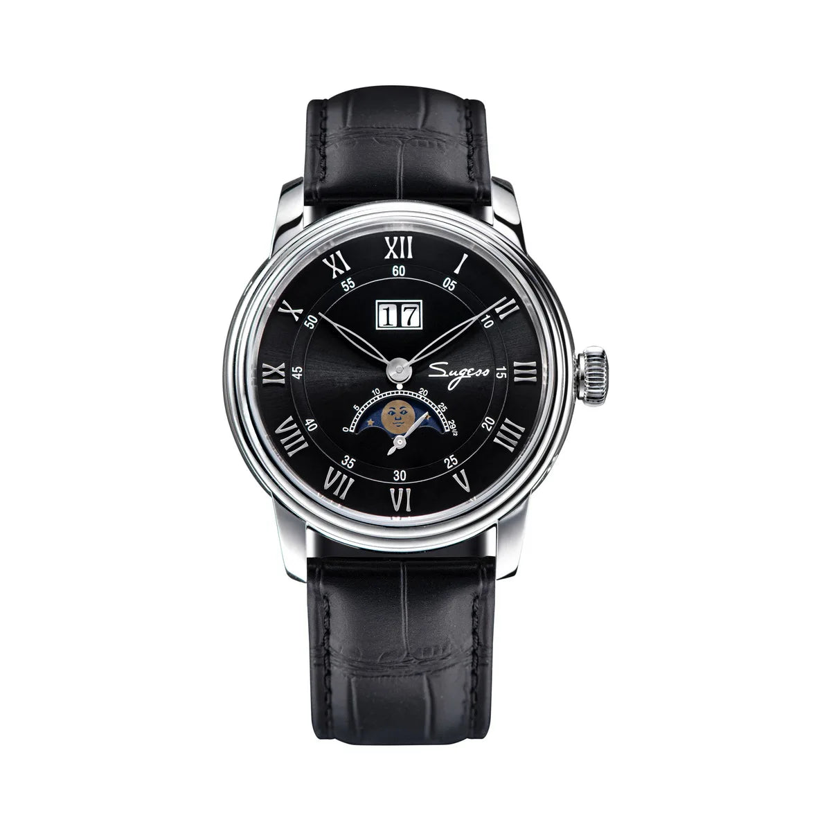 Sugess Moonphase Men’s Automatic Mechanical Watch — 40MM Stainless Steel with Seagull ST2528 Movement and Blue Sandstone Dial