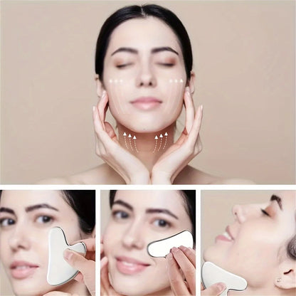 Stainless Steel Facial Gua Sha Tool — Silver Metal Beauty Massage Board for Skincare & Relaxation