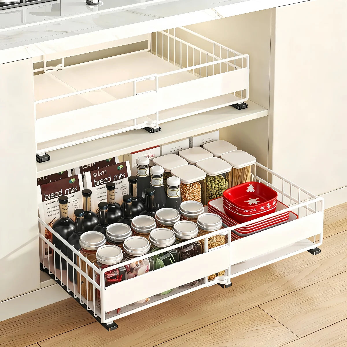 Expandable Cabinet Drawer Organizer - Pull-Out Storage Tray with 3 Sliding Rails