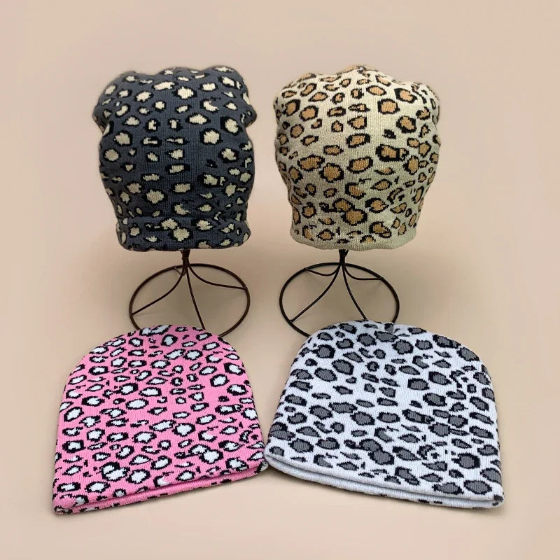 Retro Leopard Wool Knit Beanie - Warm Autumn Winter Hip Hop Y2K Street Fashion Hat