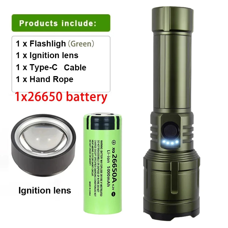 Flashlight Lighter & Power Bank - Rechargeable 5-Mode Zoomable LED Torch for Camping & Emergencies