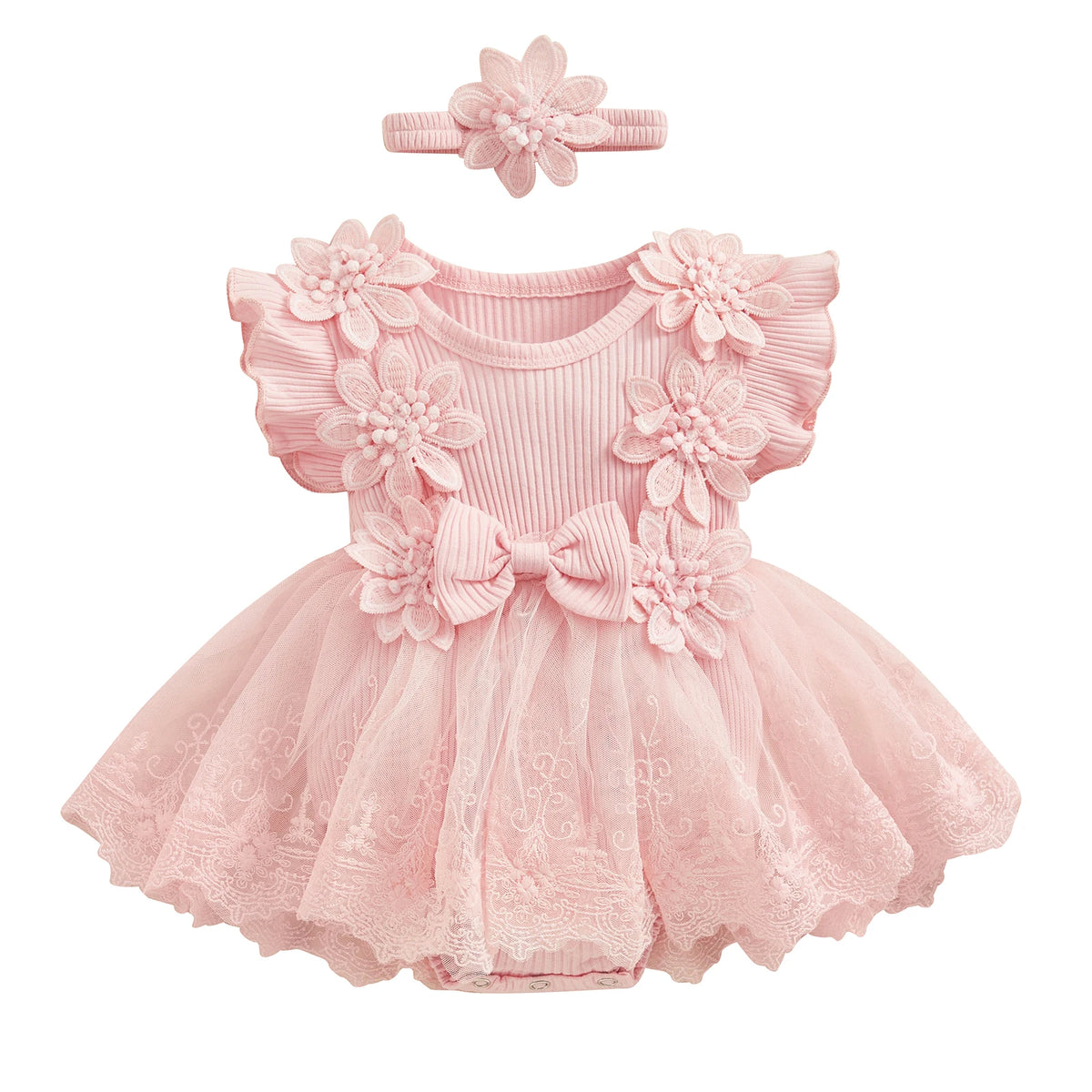 3D Flower Baby Girls’ Romper - Princess Mesh Lace Ruffle Bodysuit Dress with Headband