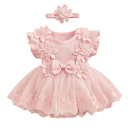 3D Flower Baby Girls’ Romper - Princess Mesh Lace Ruffle Bodysuit Dress with Headband
