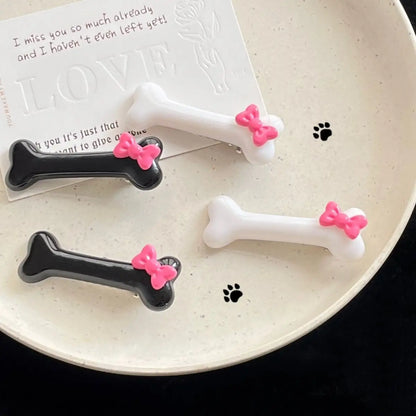 Kawaii Bow Dog Bone Hair Clips – Cute Black & White Bone Hairpins for Girls, Duckbill Barrettes Accessories