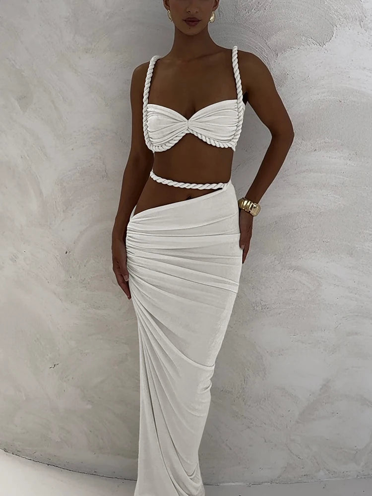Women’s Woven Two-Piece Vacation Set – Pleated Crop Camisole & High Waist Maxi Skirt Sexy Summer Outfit Matching Set
