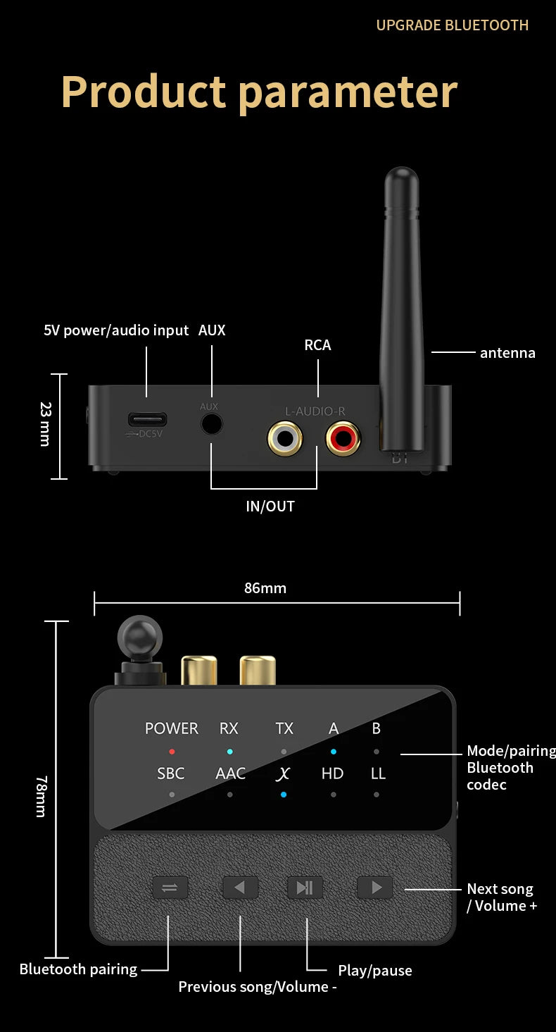 Qualcomm Bluetooth 5.3 aptX/HD/LL Audio Adapter | 3.5mm AUX, R/L Wireless Stereo Receiver & Transmitter for Dual Bluetooth Device Connection