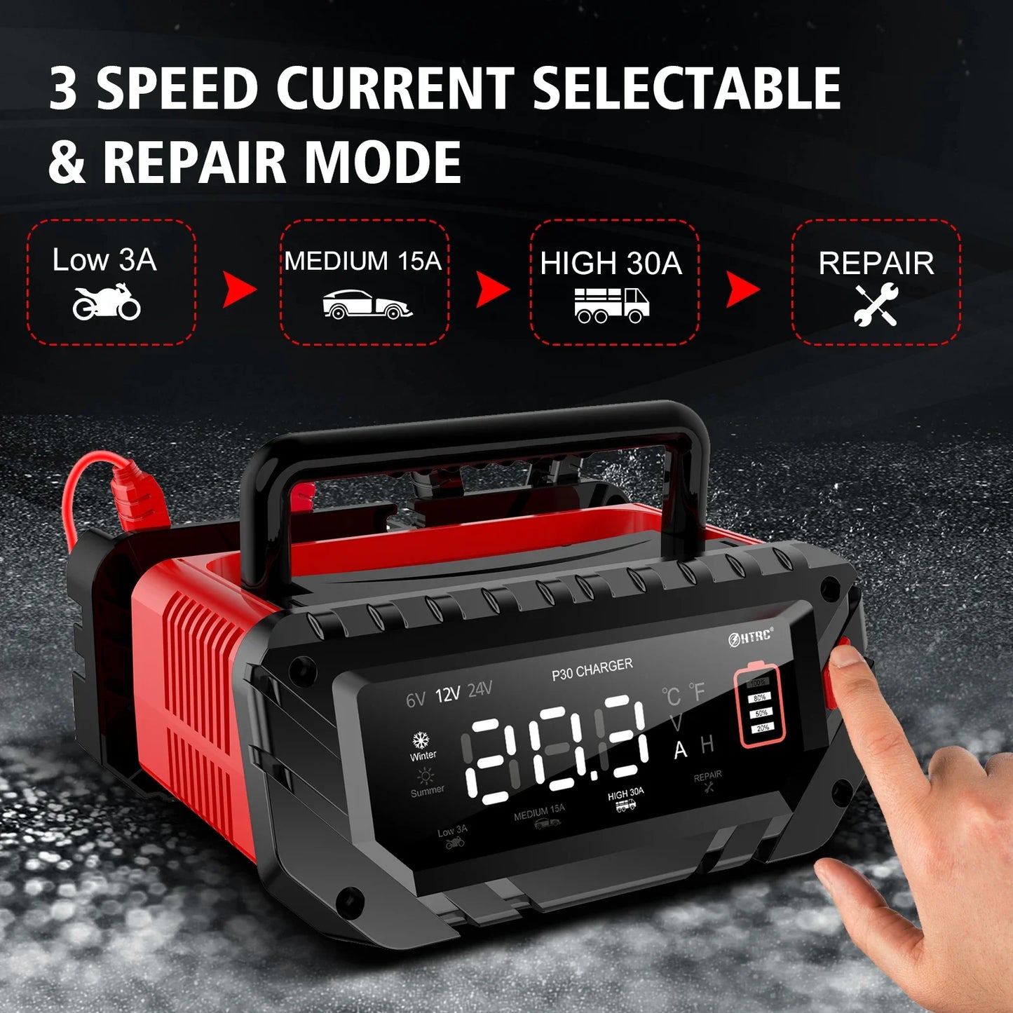 12V/30A & 24V/16A Smart Car Battery Charger — 6V/10A Motorcycle Battery Repair for AGM, GEL, Lithium & LiFePO4 Batteries