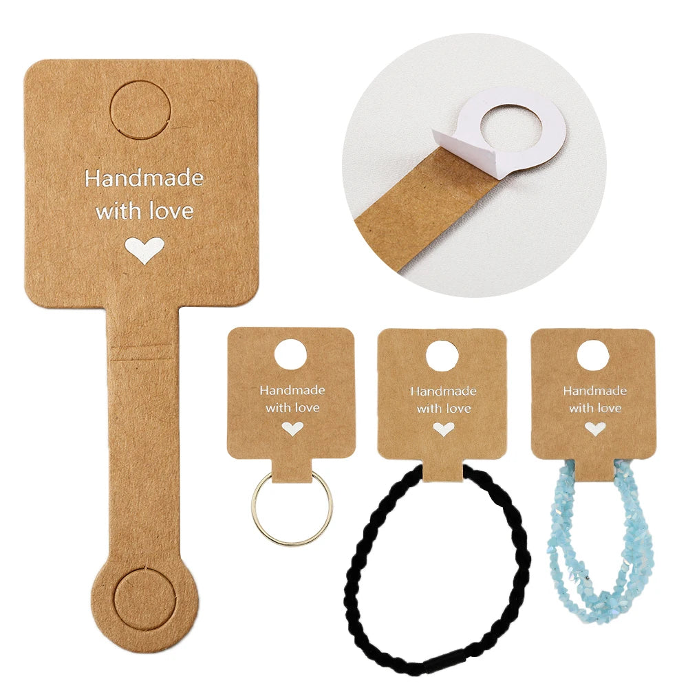 50PCS Self-Adhesive Kraft Paper Cards — 4x10cm Bracelet & Necklace Jewelry Holders for Small Business Retail Display Packaging