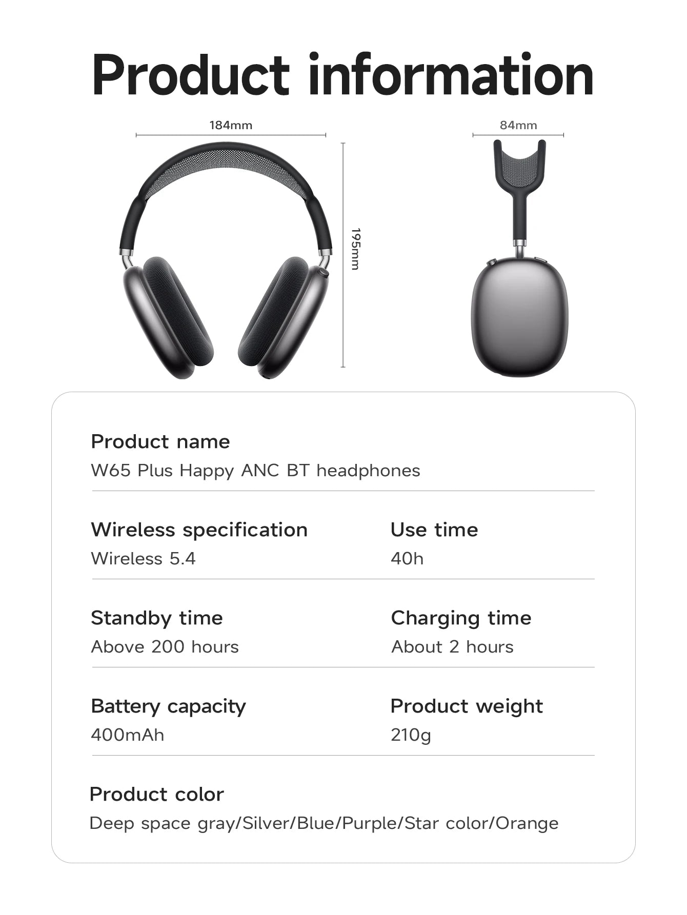 HOCO W65 Plus ANC Bluetooth Headphones – Wireless Over-Ear Noise Cancelling HiFi Sport Headset with Control Button