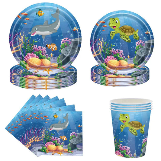 Cartoon Ocean Animal Dolphin Themed Party Supplies - Disposable Tableware, Cups, Plates, Tablecloths, Banners, Balloons for Baby Showers and Birthdays
