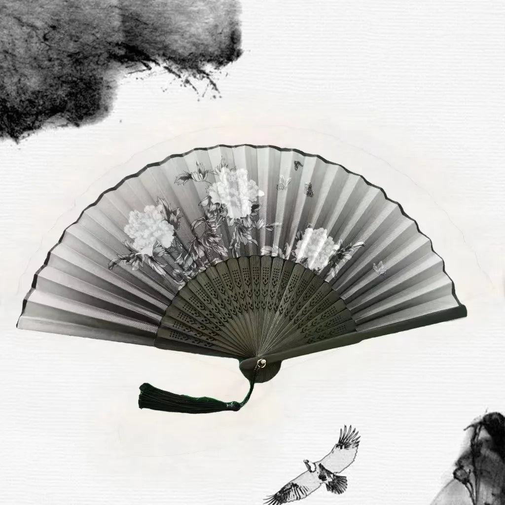 Bamboo Folding Fan with Silk — Chinese & Japanese Style Handheld Fan, Antique Art Craft for Summer Dance, Home Decor & Party