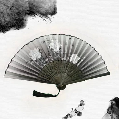 Bamboo Folding Fan with Silk — Chinese & Japanese Style Handheld Fan, Antique Art Craft for Summer Dance, Home Decor & Party