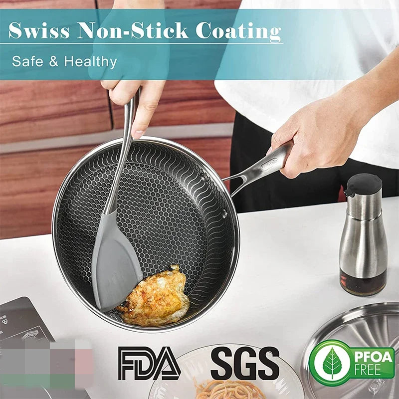 LMETJMA Stainless Steel Nonstick Frying Pan with Honeycomb Surface - Includes Lid, Compatible with Induction, Ceramic and Gas Cooktops - Model KC0480